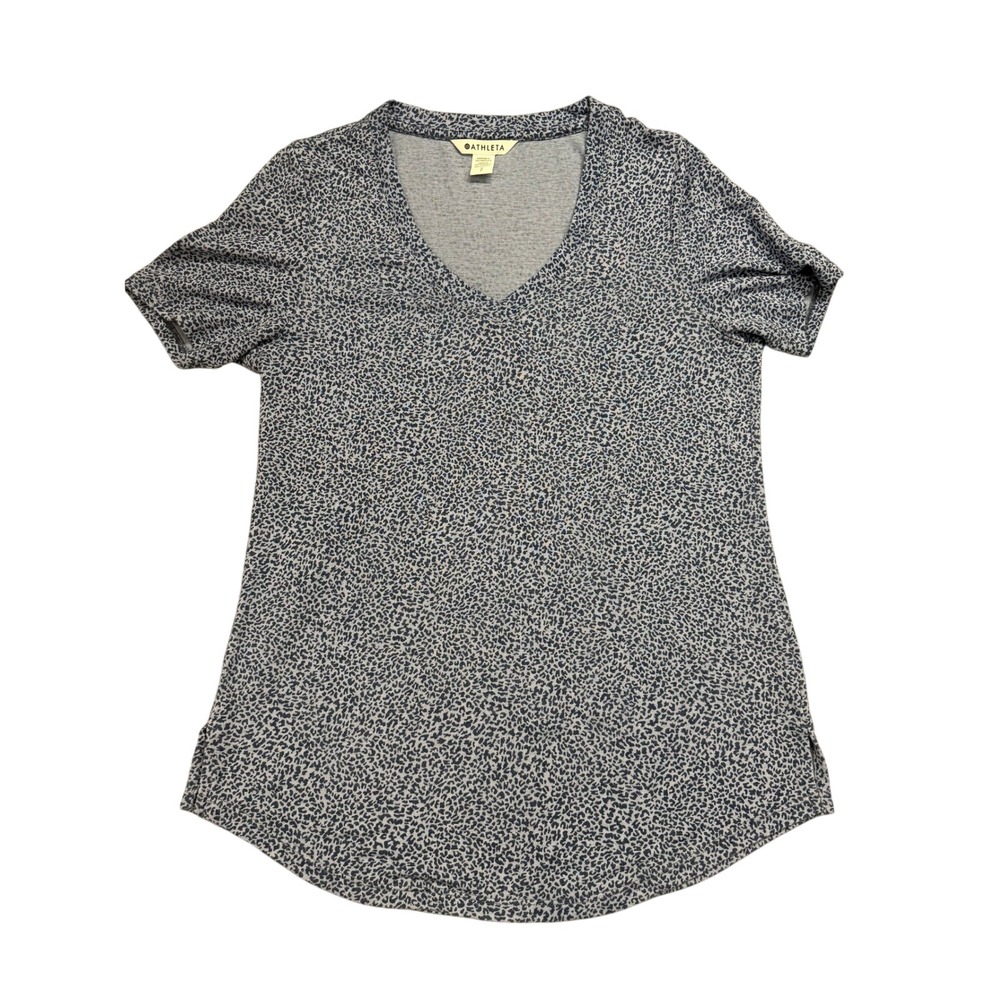 Athleta Blue Leopard Print V Neck Short Sleeve T Shirt Top Women's Size S‎